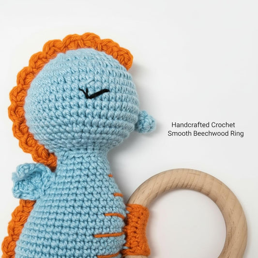 Handmade Crochet Baby Teether – Blue Seahorse Rattle with Wooden Ring, Cotton Yarn, Soft & Safe for Teething Infants, Ocean Animal Sensory Toy, Baby Shower Gift