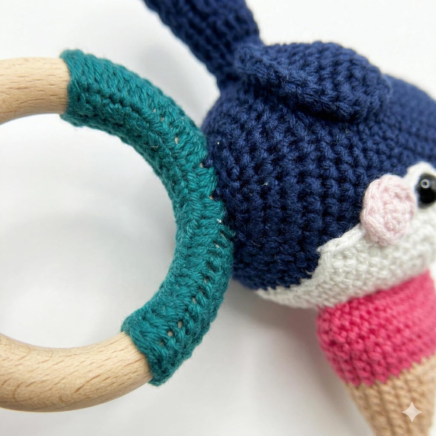 Handmade Crochet Baby Teether – Toucan Bird Rattle with Wooden Ring, Cotton Yarn, Soft & Safe for Teething Infants, Jungle Animal Sensory Toy, Baby Shower Gift