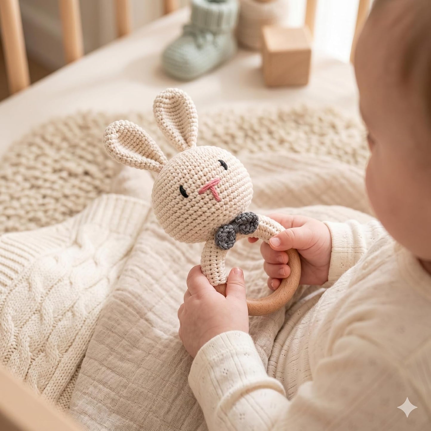 Handmade Crochet Bunny & Tiger Wooden Teether Rattle Set for Babies | 2 Pcs Natural Beech Wood Ring | Soft Cotton Knitted BPA Free Baby Sensory Toys
