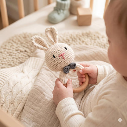 Handmade Crochet Bunny & Tiger Wooden Teether Rattle Set for Babies | 2 Pcs Natural Beech Wood Ring | Soft Cotton Knitted BPA Free Baby Sensory Toys