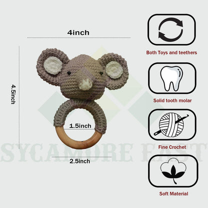 Handmade Crochet Elephant Wooden Ring Rattle | Organic Baby Teether Toy | Soft Amigurumi Baby Gift