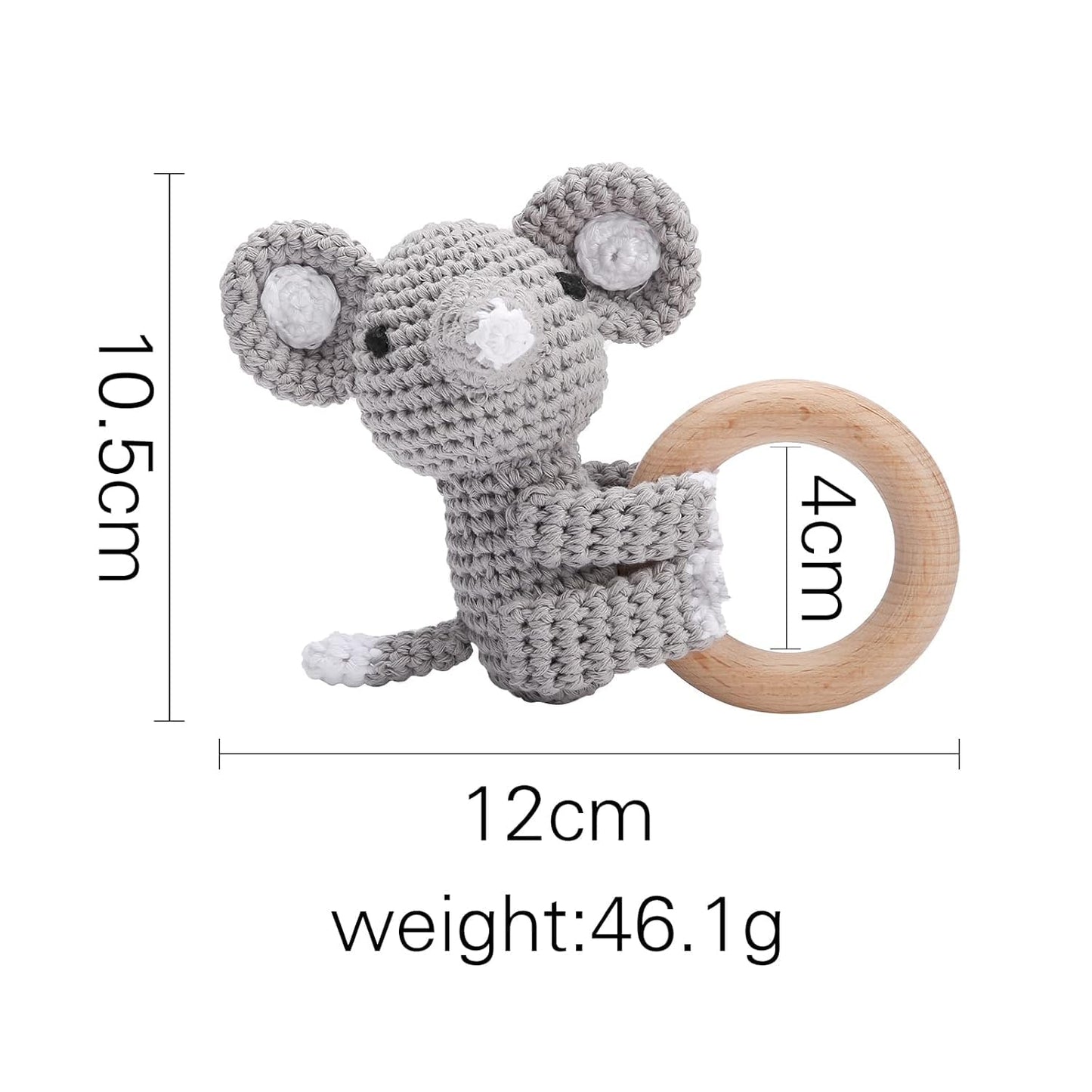 Handmade Crochet Mouse Wooden Ring Rattle | Organic Baby Teether Toy | Amigurumi Baby Gift