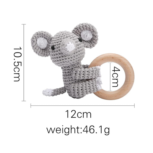 Handmade Crochet Mouse Wooden Ring Rattle | Organic Baby Teether Toy | Amigurumi Baby Gift