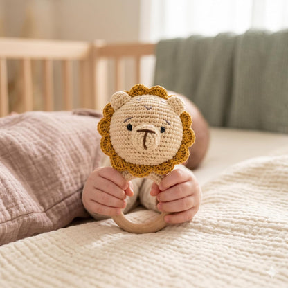 Handmade Crochet Bunny & Lion Wooden Teether Rattle Set for Babies | 2 Pcs Natural Beech Wood Ring | Soft Cotton Knitted BPA Free Baby Sensory Toys
