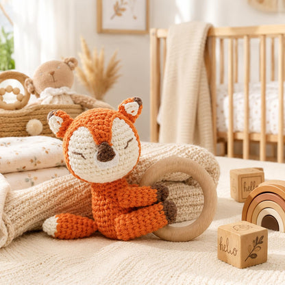 Handmade Crochet Fox Wooden Teether Rattle for Babies | Natural Wooden Ring | Soft Cotton Knitted Baby Toy | BPA Free Newborn Sensory Toy