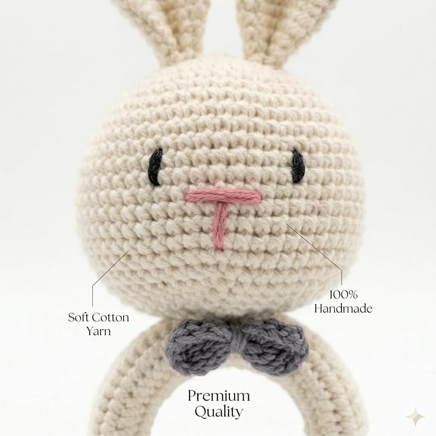 Handmade Crochet Bunny Wooden Teether Rattle for Babies | Soft Cotton Knitted Rabbit with Natural Beech Wood Ring | BPA Free Baby Sensory Toy