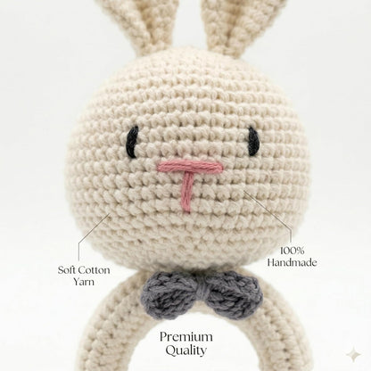 Handmade Crochet Bunny Wooden Teether Rattle for Babies | Soft Cotton Knitted Rabbit with Natural Beech Wood Ring | BPA Free Baby Sensory Toy
