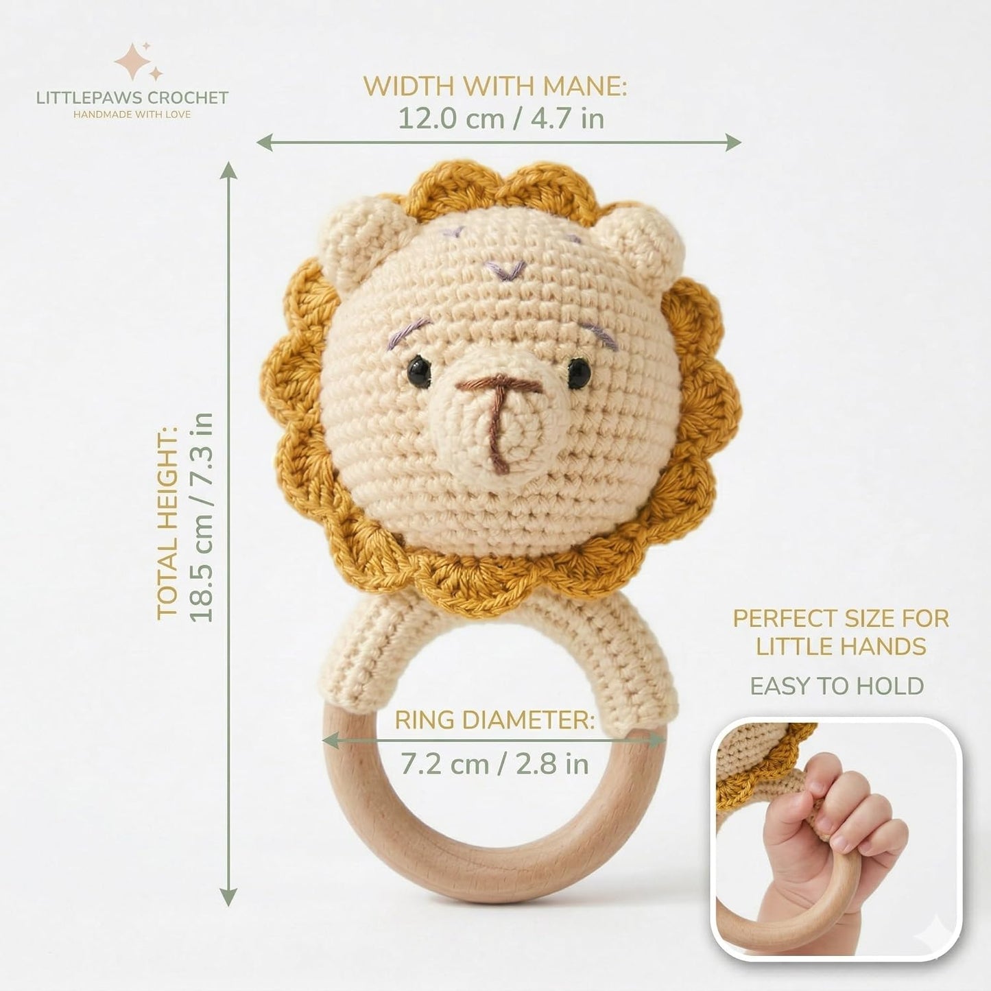 Handmade Crochet Lion Wooden Teether Rattle for Babies | Natural Wooden Ring | Soft Cotton Knitted Baby Toy | BPA Free Infant Sensory Toy