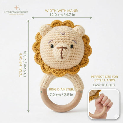 Handmade Crochet Lion Wooden Teether Rattle for Babies | Natural Wooden Ring | Soft Cotton Knitted Baby Toy | BPA Free Infant Sensory Toy