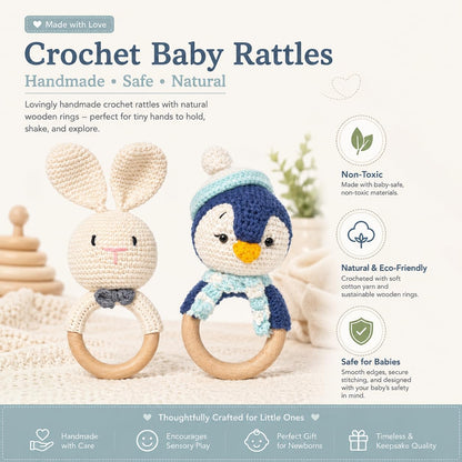 Handmade Crochet Bunny & Penguin Wooden Teether Combo | Baby Teething Ring Toy | Natural Wood Infant Chew Toy | Soft Knitted Newborn Rattle Teether | Organic Cotton Baby Gift Set (Pack of 2)