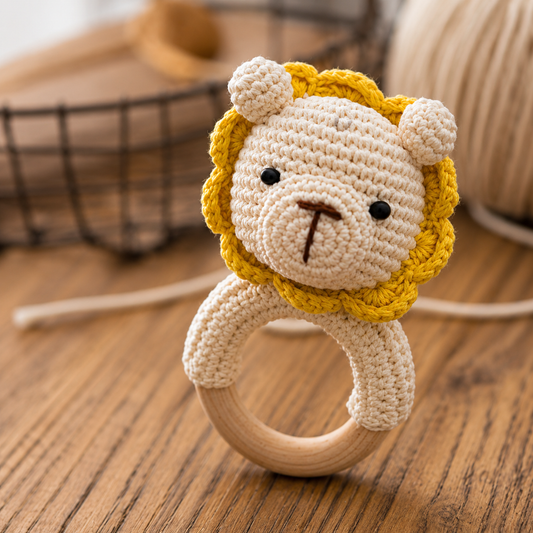 2PCS Handmade Crochet Baby Doll & Wooden Rattle Teether Set | Soft Animal Toy for Newborns & Infants