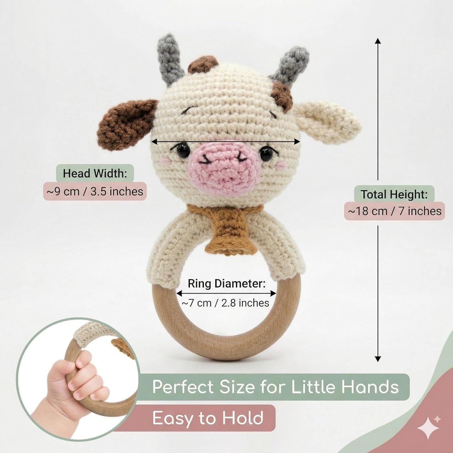 Handmade Crochet Cow Wooden Ring Rattle | Organic Baby Teether Toy | Amigurumi Cow Baby Gift