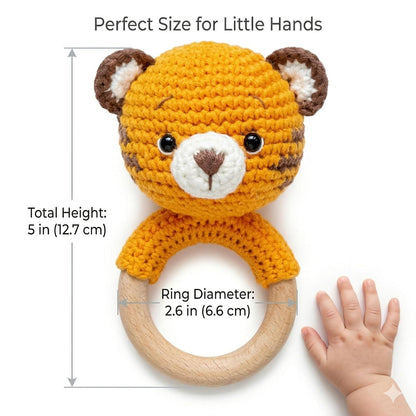 Handmade Crochet Tiger Wooden Teether Rattle for Babies | Natural Wooden Ring | Soft Cotton Knitted Baby Toy | BPA Free Infant Sensory Toy