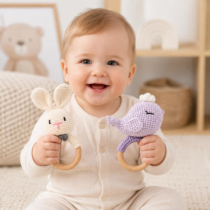 Handmade Crochet Bunny Wooden Teether Rattle for Babies | Natural Wooden Ring | Soft Cotton Knitted Baby Toy | BPA Free Infant Sensory Toy