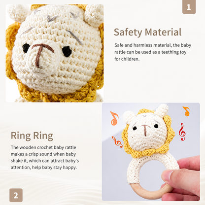 2PCS Handmade Crochet Baby Rattle & Plush Doll Set | Wooden Teether Ring Toy for Infants | Lion, Fox, Elephant & Bunny Design