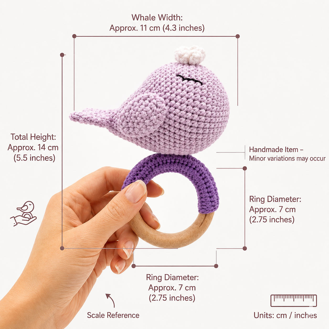 Handmade Crochet Whale Baby Rattle Toy with Natural Beech Wood Ring | Soft Amigurumi Infant Teether for Newborns & Toddlers | Montessori Sensory Toy for Baby Boys & Girls