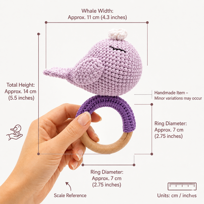 Handmade Crochet Whale Baby Rattle Toy with Natural Beech Wood Ring | Soft Amigurumi Infant Teether for Newborns & Toddlers | Montessori Sensory Toy for Baby Boys & Girls