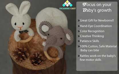 Handmade Crochet Bunny & Elephant Wooden Ring Rattle Set | Organic Baby Teether Toy | Amigurumi Baby Gift Set
