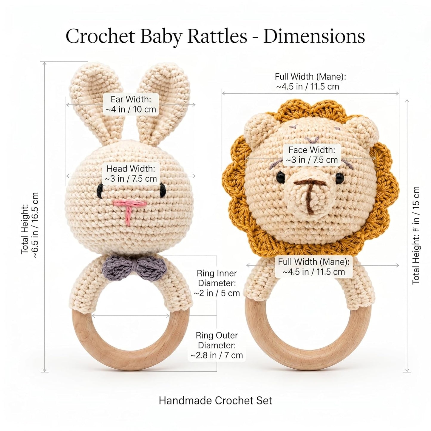 Handmade Crochet Bunny & Lion Wooden Teether Rattle Set for Babies | 2 Pcs Natural Beech Wood Ring | Soft Cotton Knitted BPA Free Baby Sensory Toys