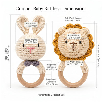 Handmade Crochet Bunny & Lion Wooden Teether Rattle Set for Babies | 2 Pcs Natural Beech Wood Ring | Soft Cotton Knitted BPA Free Baby Sensory Toys