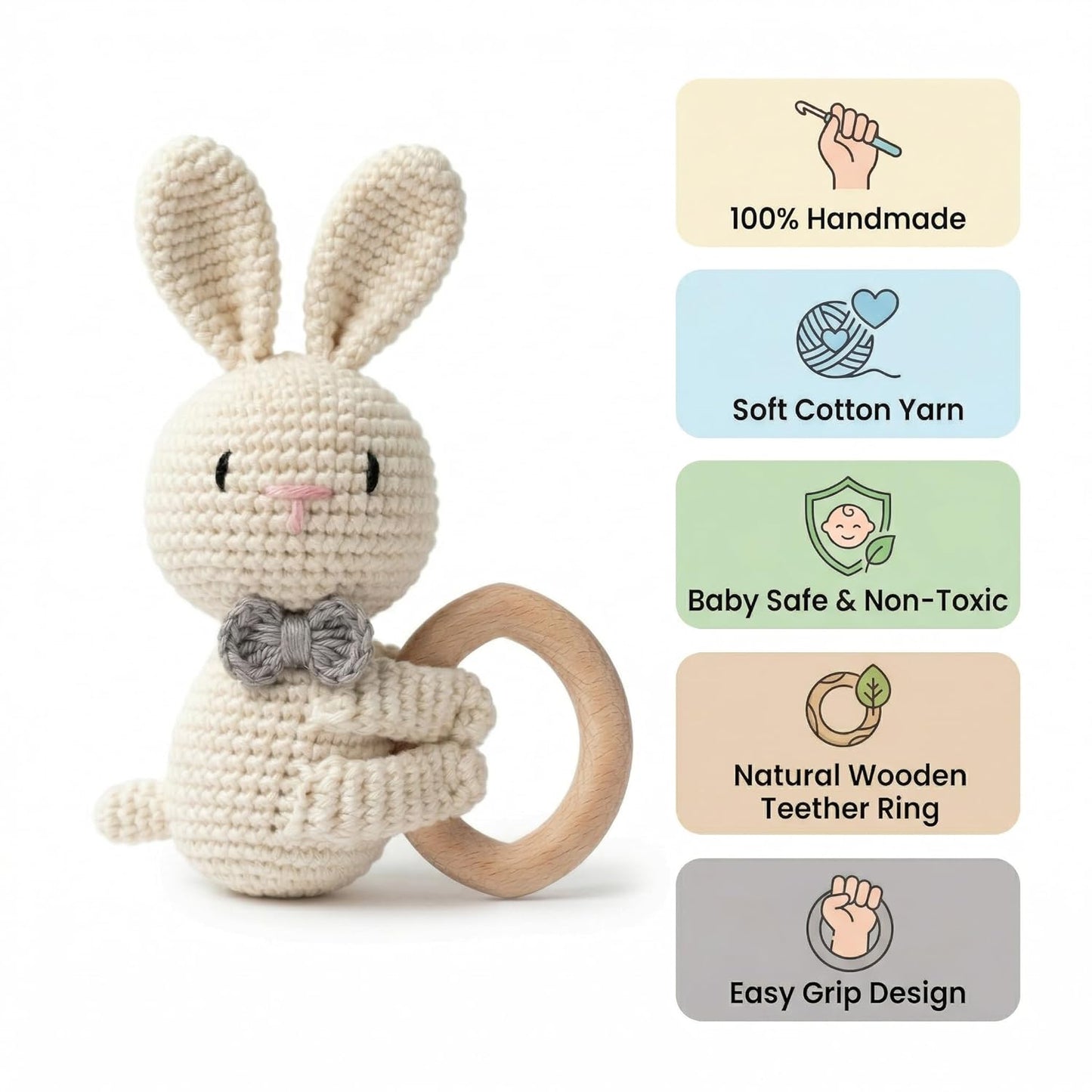 Handmade Crochet Bunny Wooden Teether Toy for Babies | Soft Cotton Knitted Rabbit with Natural Wooden Ring | BPA Free Baby Rattle & Sensory Toy