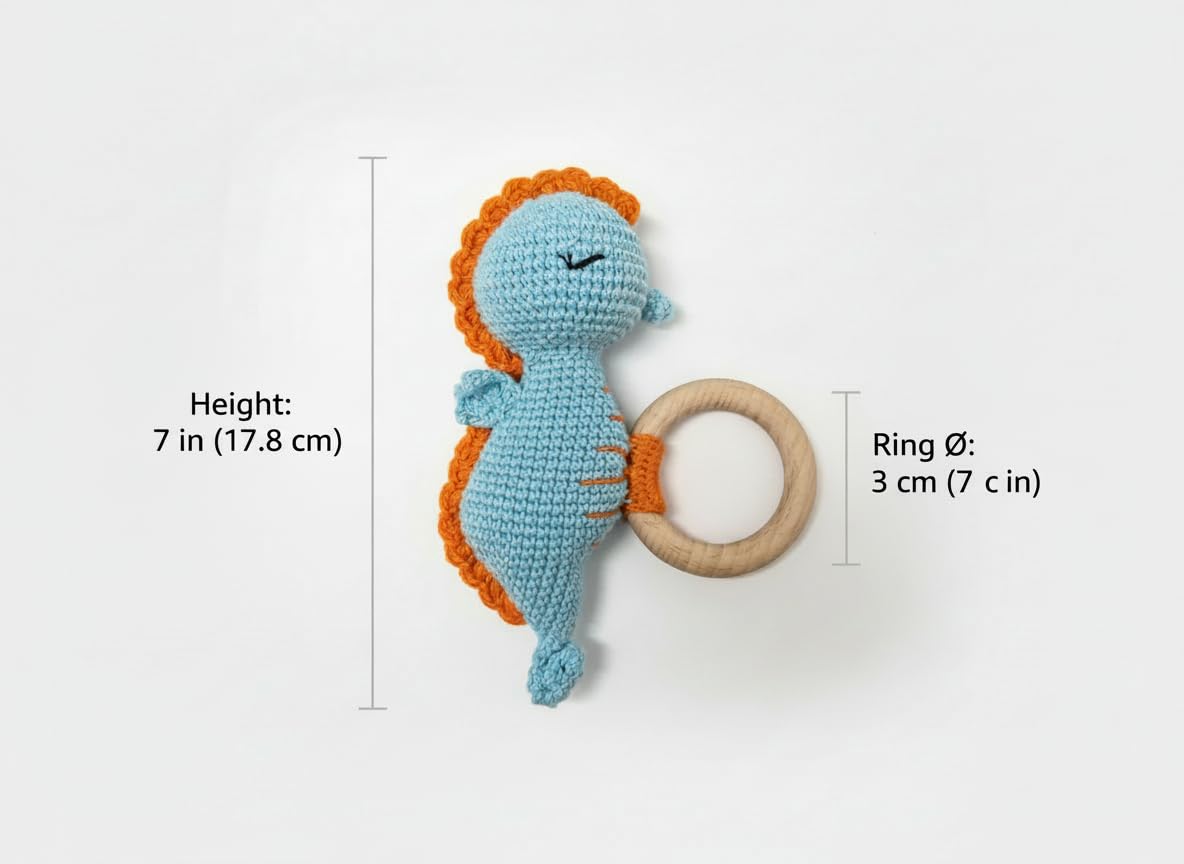 Handmade Crochet Baby Teether – Blue Seahorse Rattle with Wooden Ring, Cotton Yarn, Soft & Safe for Teething Infants, Ocean Animal Sensory Toy, Baby Shower Gift