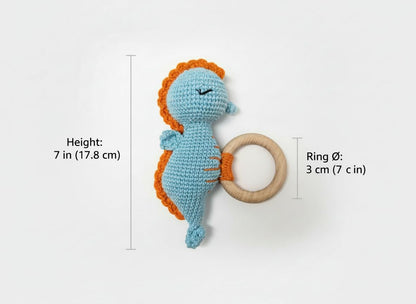 Handmade Crochet Baby Teether – Blue Seahorse Rattle with Wooden Ring, Cotton Yarn, Soft & Safe for Teething Infants, Ocean Animal Sensory Toy, Baby Shower Gift