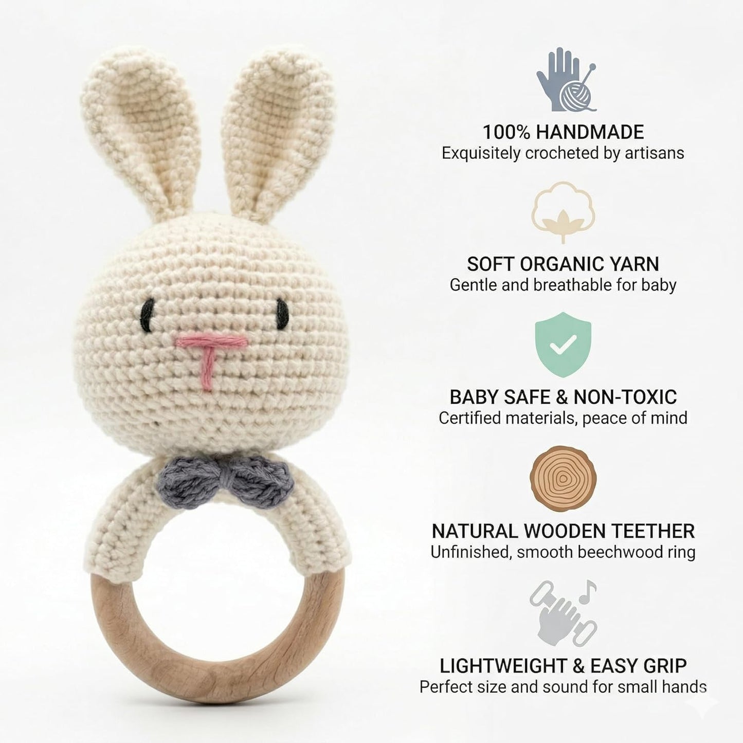 Handmade Crochet Bunny Wooden Teether Rattle for Babies | Soft Cotton Knitted Rabbit with Natural Beech Wood Ring | BPA Free Baby Sensory Toy