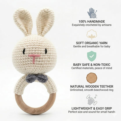 Handmade Crochet Bunny Wooden Teether Rattle for Babies | Soft Cotton Knitted Rabbit with Natural Beech Wood Ring | BPA Free Baby Sensory Toy