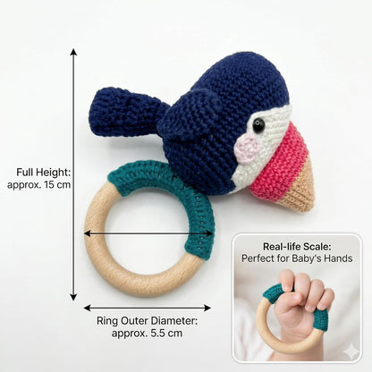 Handmade Crochet Baby Teether – Toucan Bird Rattle with Wooden Ring, Cotton Yarn, Soft & Safe for Teething Infants, Jungle Animal Sensory Toy, Baby Shower Gift