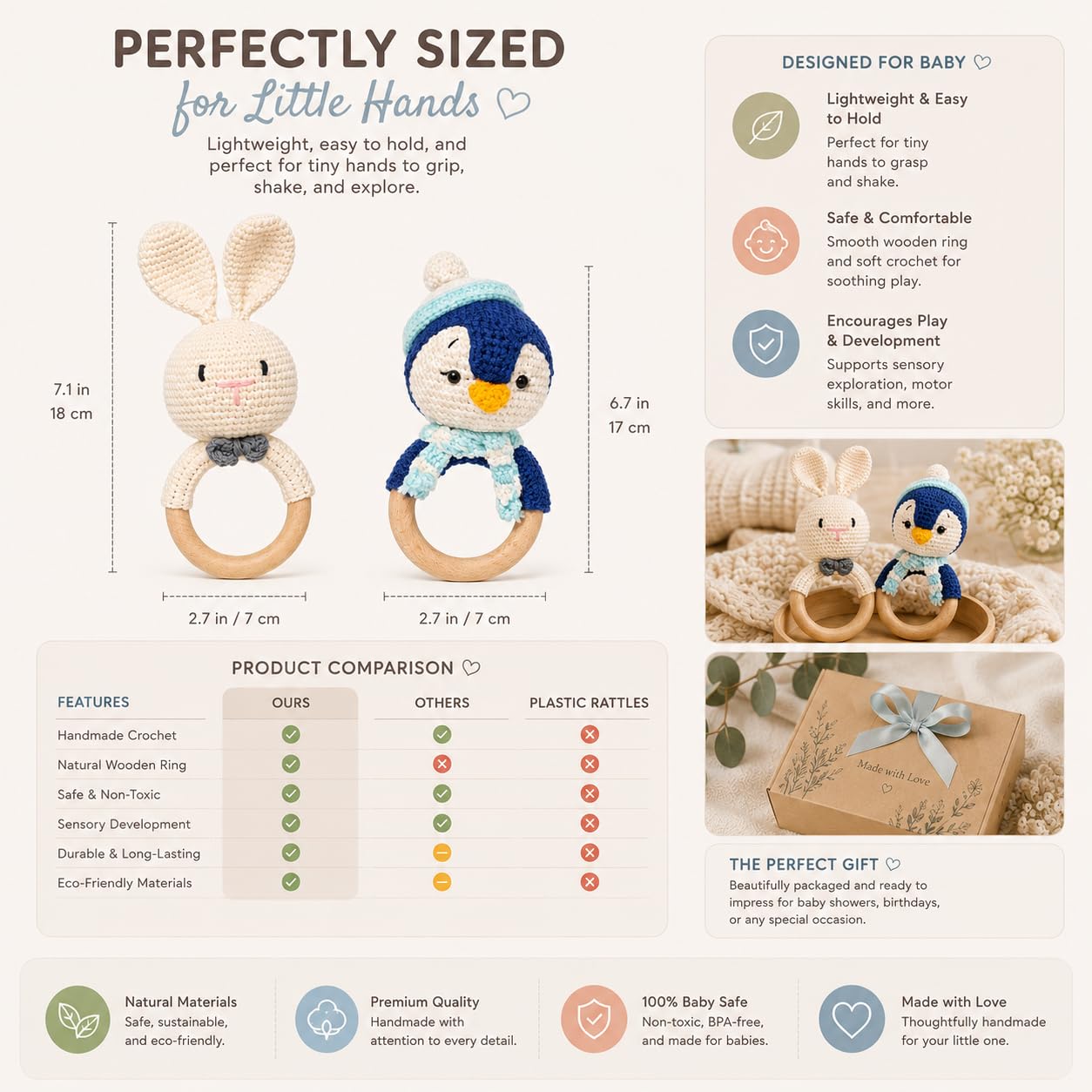 Handmade Crochet Bunny & Penguin Wooden Teether Combo | Baby Teething Ring Toy | Natural Wood Infant Chew Toy | Soft Knitted Newborn Rattle Teether | Organic Cotton Baby Gift Set (Pack of 2)