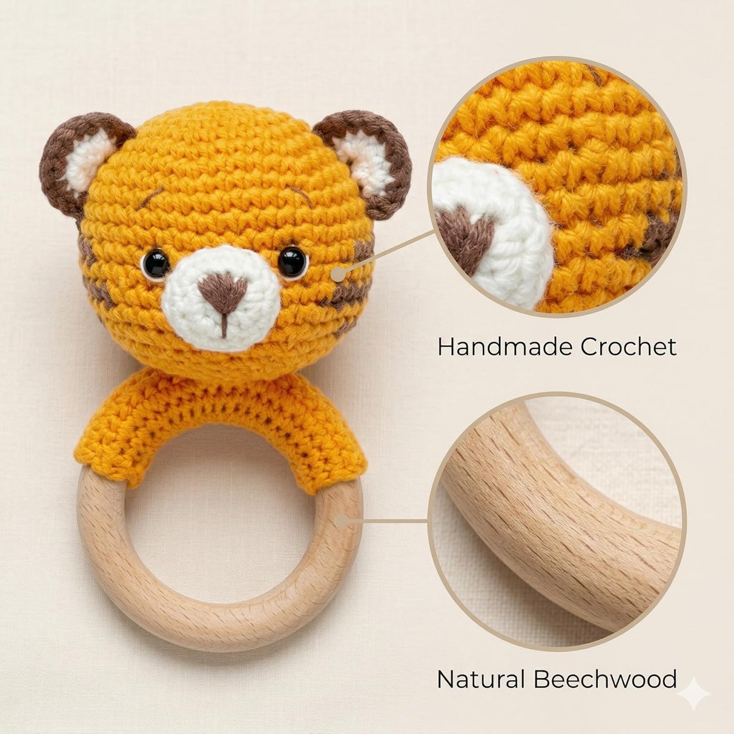 Handmade Crochet Tiger Wooden Teether Rattle for Babies | Natural Wooden Ring | Soft Cotton Knitted Baby Toy | BPA Free Infant Sensory Toy