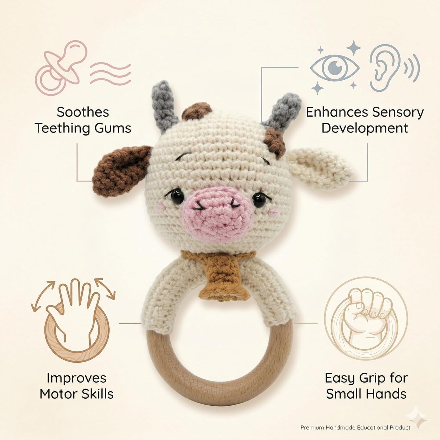 Handmade Crochet Cow Wooden Ring Rattle | Organic Baby Teether Toy | Amigurumi Cow Baby Gift