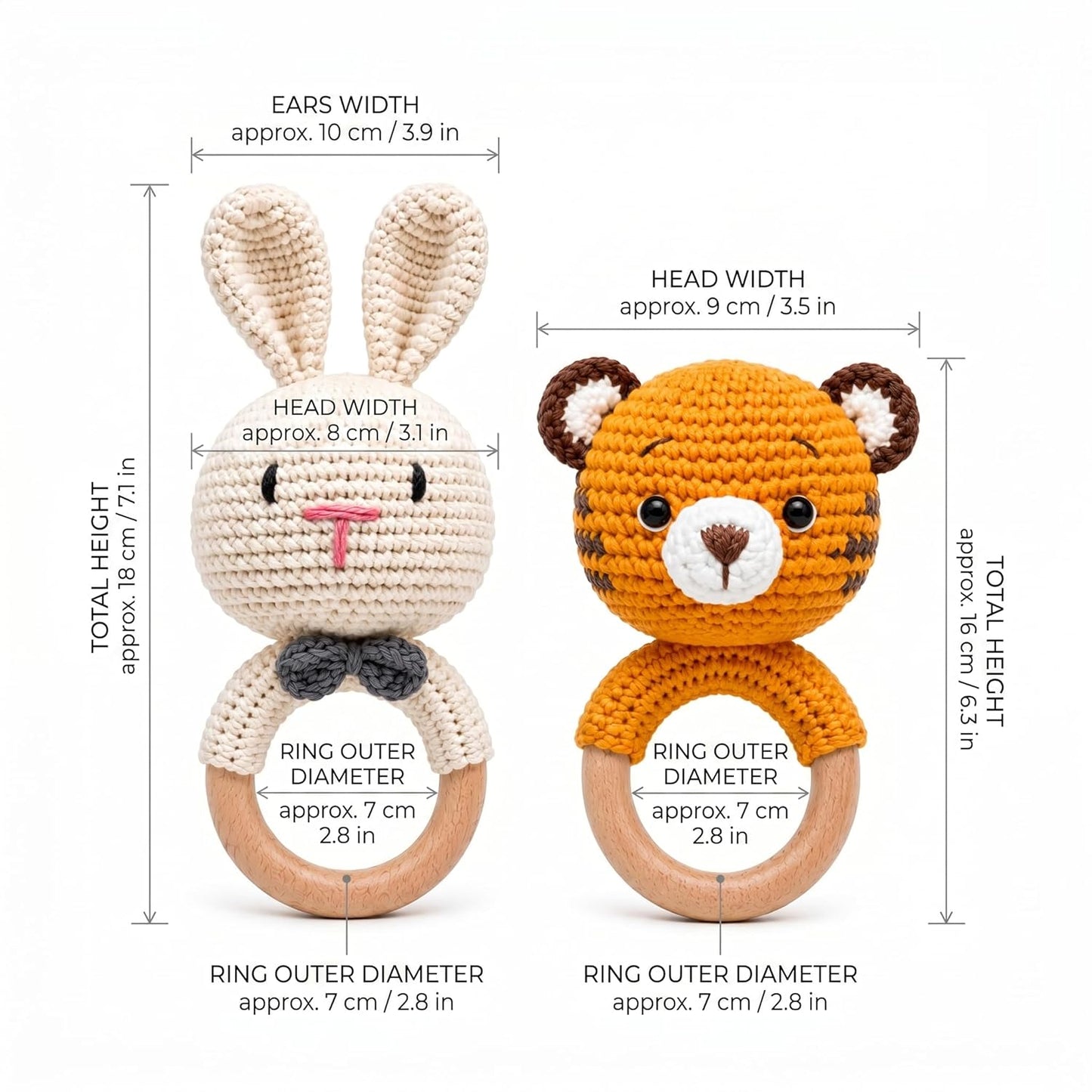 Handmade Crochet Bunny & Tiger Wooden Teether Rattle Set for Babies | 2 Pcs Natural Beech Wood Ring | Soft Cotton Knitted BPA Free Baby Sensory Toys