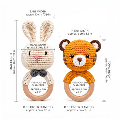 Handmade Crochet Bunny & Tiger Wooden Teether Rattle Set for Babies | 2 Pcs Natural Beech Wood Ring | Soft Cotton Knitted BPA Free Baby Sensory Toys