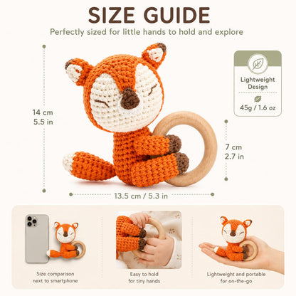 Handmade Crochet Fox Wooden Teether Rattle for Babies | Natural Wooden Ring | Soft Cotton Knitted Baby Toy | BPA Free Newborn Sensory Toy