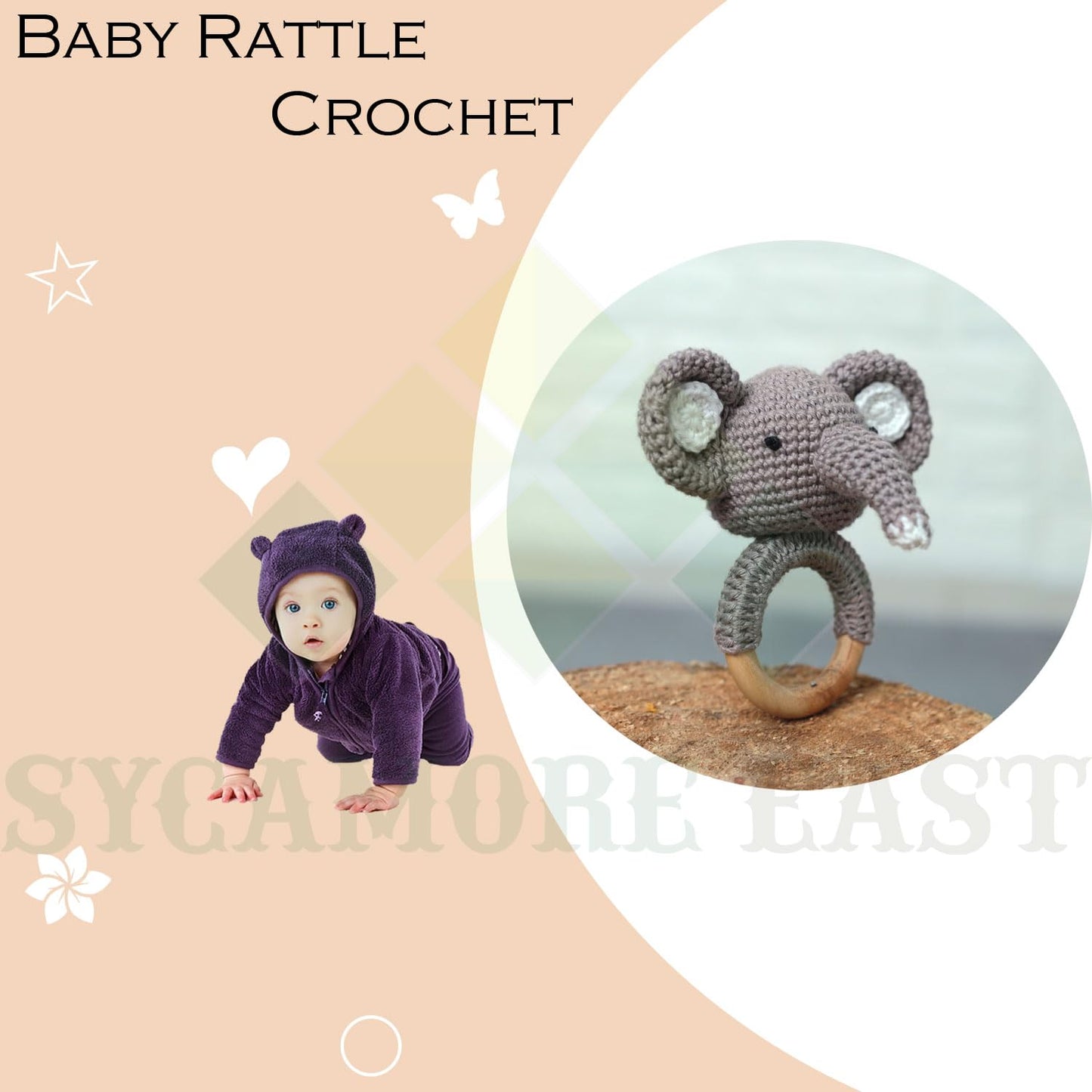 Handmade Crochet Elephant Wooden Ring Rattle | Organic Baby Teether Toy | Soft Amigurumi Baby Gift