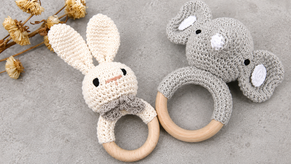 2PCS Handmade Crochet Baby Doll & Wooden Rattle Teether Set | Soft Animal Toy for Newborns & Infants