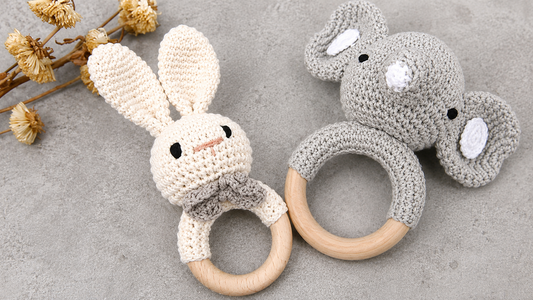 2PCS Handmade Crochet Baby Doll & Wooden Rattle Teether Set | Soft Animal Toy for Newborns & Infants