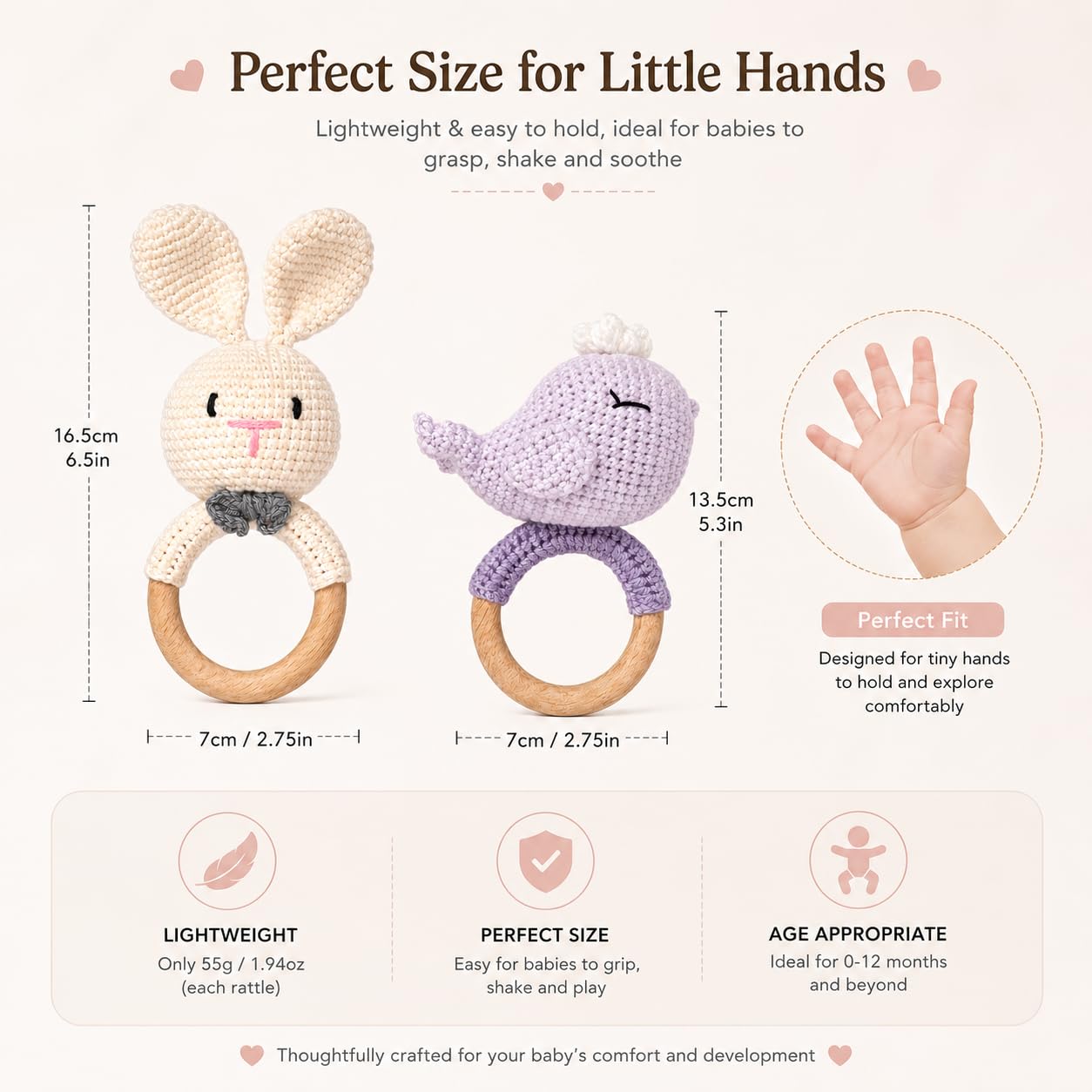 Handmade Crochet Bunny Wooden Teether Rattle for Babies | Natural Wooden Ring | Soft Cotton Knitted Baby Toy | BPA Free Infant Sensory Toy