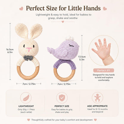 Handmade Crochet Bunny Wooden Teether Rattle for Babies | Natural Wooden Ring | Soft Cotton Knitted Baby Toy | BPA Free Infant Sensory Toy