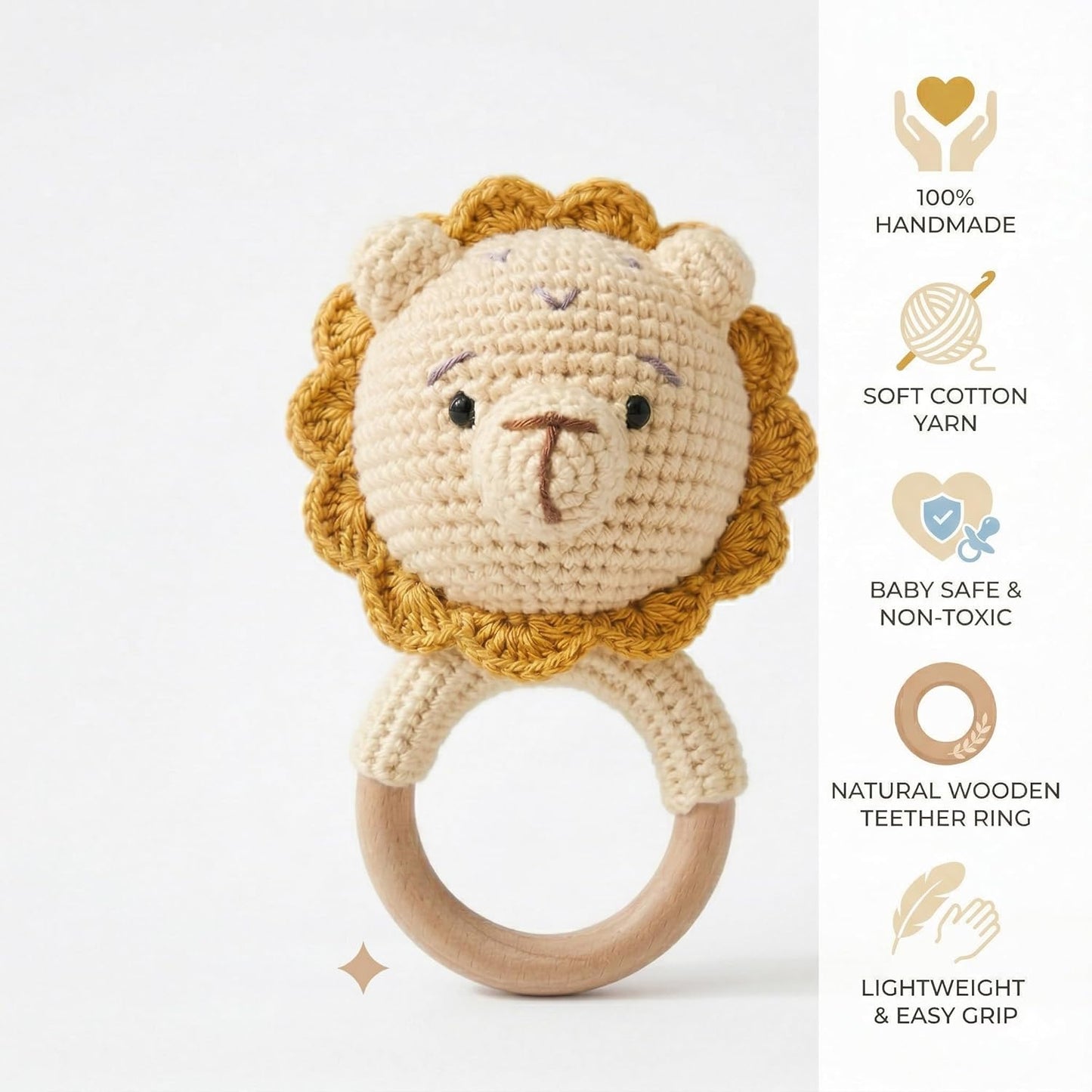 Handmade Crochet Lion Wooden Teether Rattle for Babies | Natural Wooden Ring | Soft Cotton Knitted Baby Toy | BPA Free Infant Sensory Toy