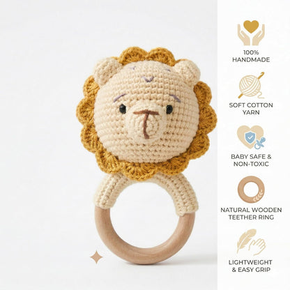 Handmade Crochet Lion Wooden Teether Rattle for Babies | Natural Wooden Ring | Soft Cotton Knitted Baby Toy | BPA Free Infant Sensory Toy