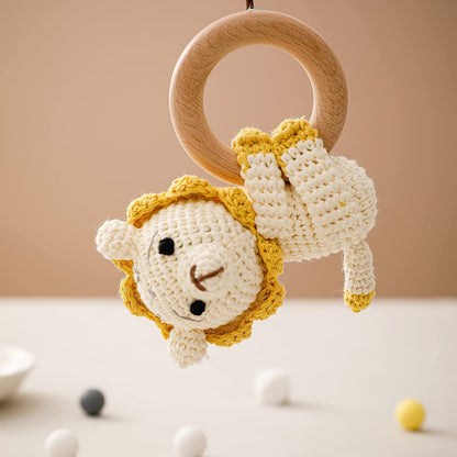 Wooden Baby Rattle Crochet Lion Baby Toys Handmade Newborn Toy Early Development Grips Stuffed Animal Organic Rattle (Lion)