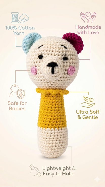 Handmade Crochet Bear Baby Rattle Toy | Soft Cotton Knitted Infant Sensory Toy | Made in India