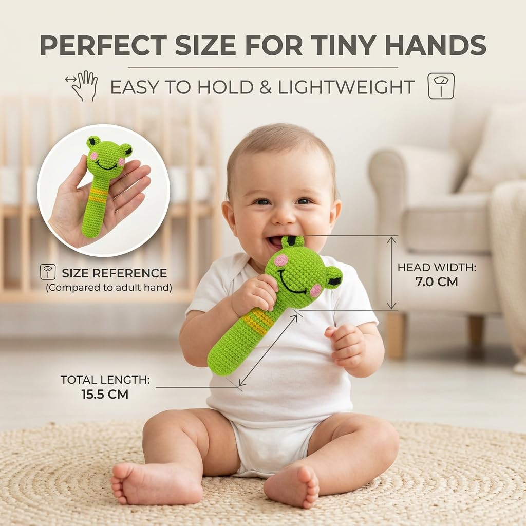 Handmade Crochet Frog Baby Rattle Toy – Soft Amigurumi Plush Teether for Newborns & Infants – Safe Cotton Yarn, Developmental Sensory Toy, Baby Shower Gift
