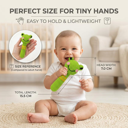 Handmade Crochet Frog Baby Rattle Toy – Soft Amigurumi Plush Teether for Newborns & Infants – Safe Cotton Yarn, Developmental Sensory Toy, Baby Shower Gift