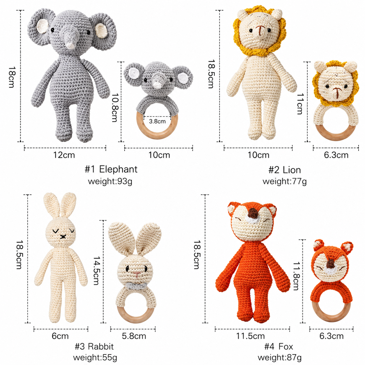 2PCS Handmade Crochet Baby Rattle & Plush Doll Set | Wooden Teether Ring Toy for Infants | Lion, Fox, Elephant & Bunny Design