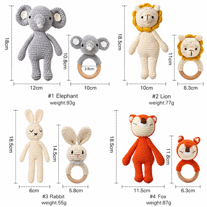 2PCS Handmade Crochet Baby Rattle & Plush Doll Set | Wooden Teether Ring Toy for Infants | Lion, Fox, Elephant & Bunny Design