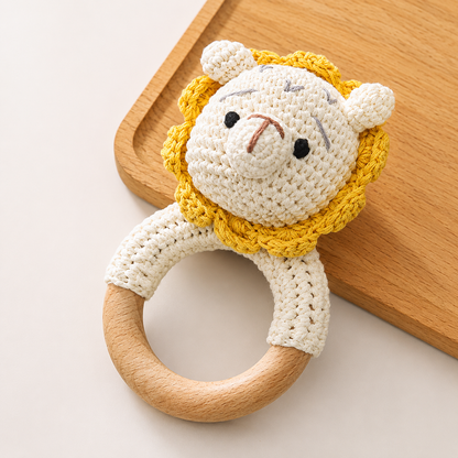2PCS Handmade Crochet Baby Doll & Wooden Rattle Teether Set | Soft Animal Toy for Newborns & Infants